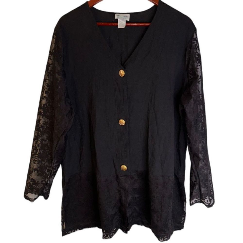 Delta Burke Women’s 1X Black Button Front Lace Longsleeve Tunic Blouse